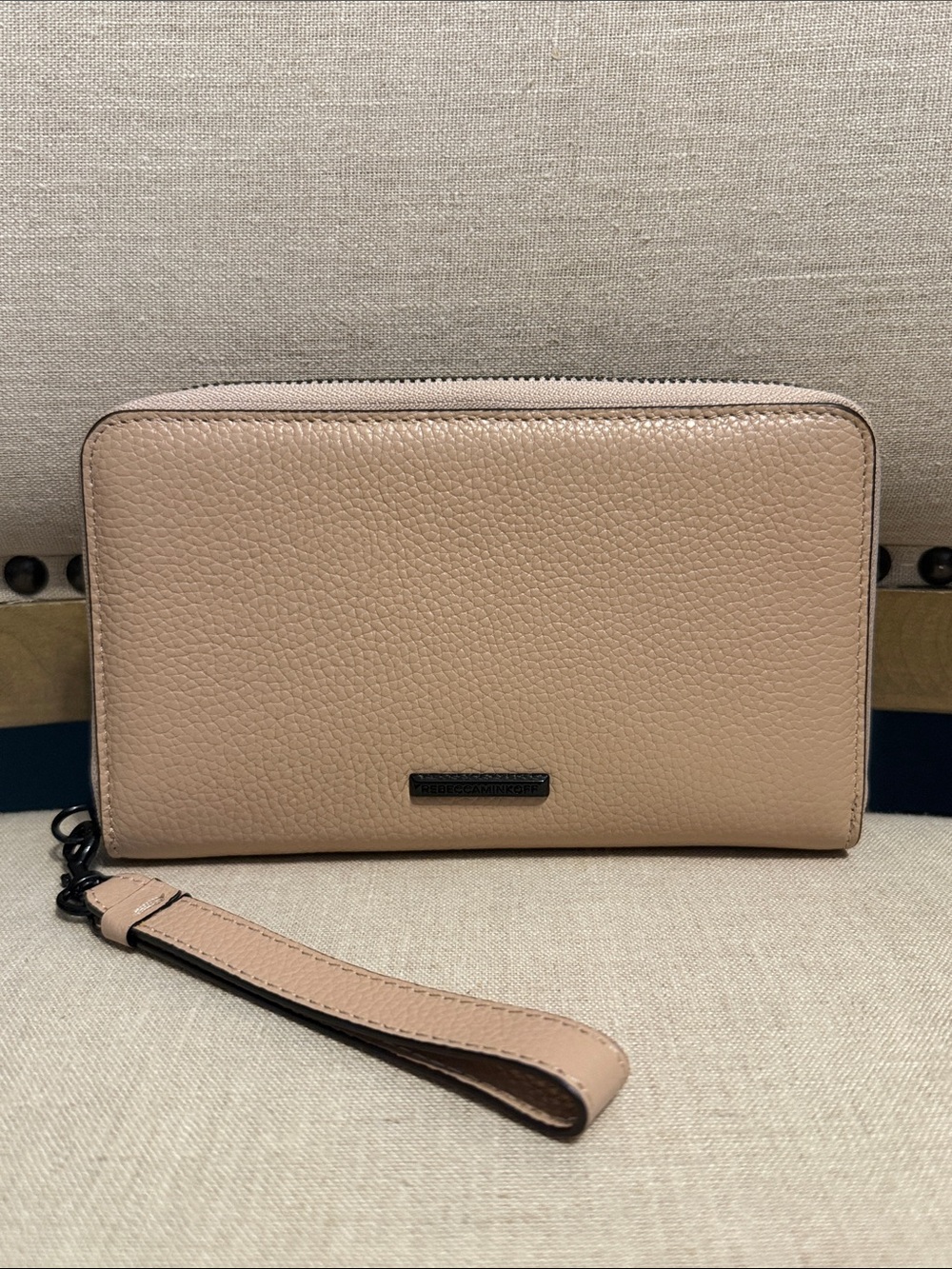 Rebecca Minkoff “Regan” Beige Pebbled Leather Wristlet/Phone Carrier